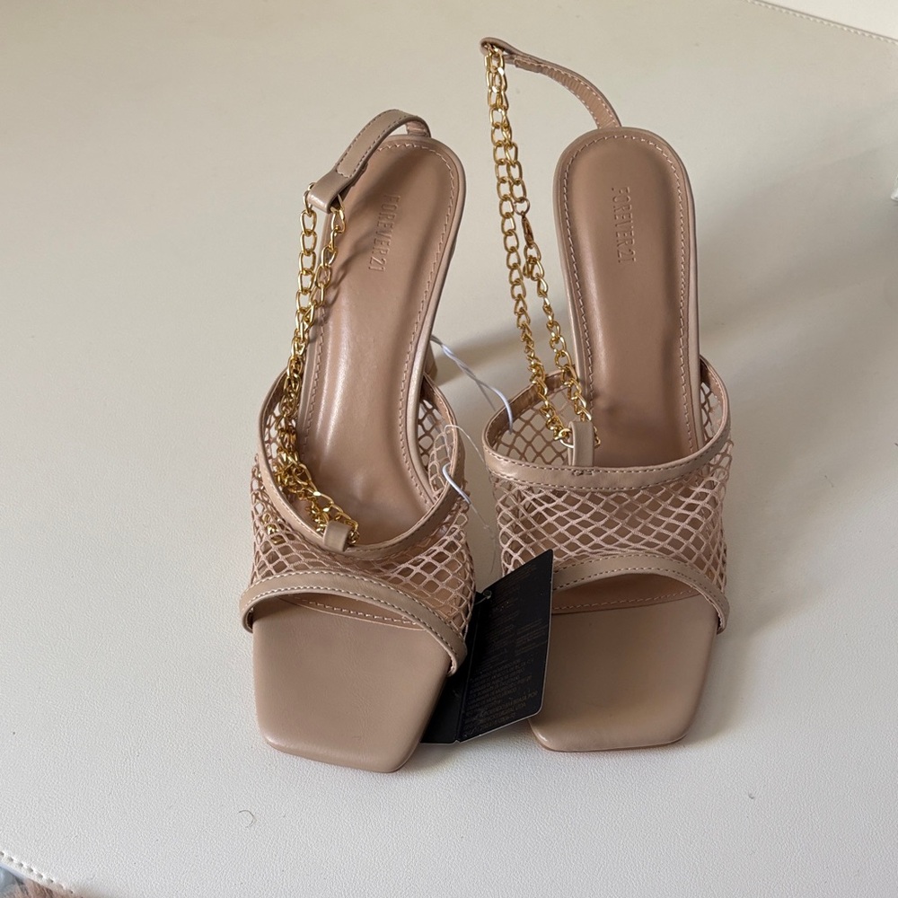 Chain-Accent Nude Slingback Sandals